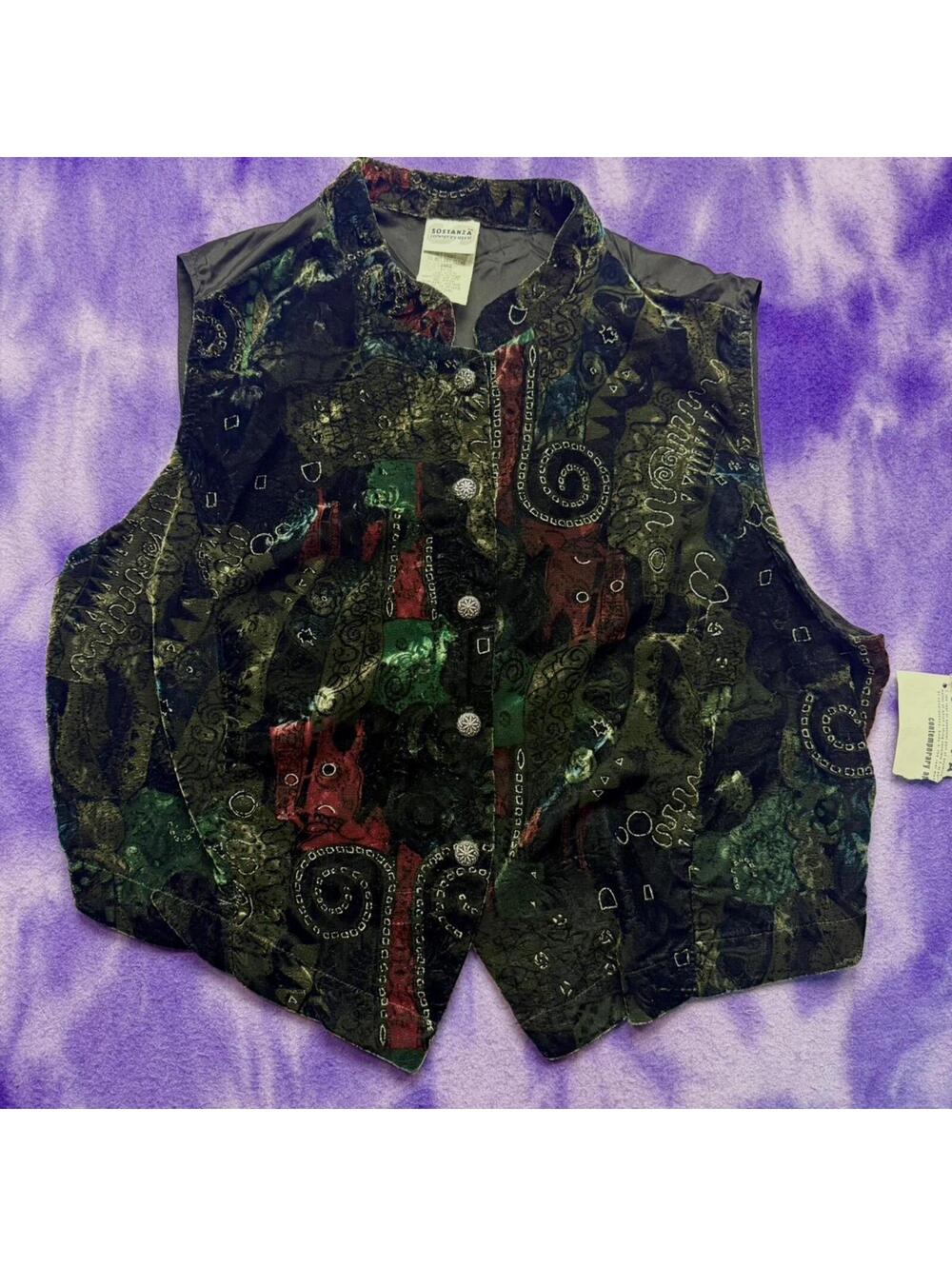 Vtg 90s velvet vest top with abstract pattern in dark colors